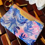 Lilly Pulitzer  ID Case Coin Purse‎ Keychain Wallet Blue Pink Gold Fabric Photo 1