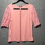 Kim & Cami Pink Ribbed Lace Sleeve Puff Sleeve Scoop Neck Top Women's Large Photo 3