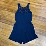 Cape Juby  Womens Size XS Romper‎ Blue White Floral Embroidered Sleeveless Ruffle Photo 3