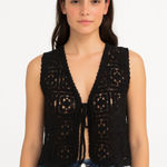 SUMMER AWAY Crochet Tie Front Vest Top Black NWT Small Photo 0