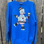 Vintage 90s Crochet Doily Snowman Decorated Winter Ugly Christmas Sweatshirt XL Blue Photo 0