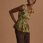 NEW Anthropologie Smocked Velvet Babydoll Top Womens XL Green Fall Foliage Print Photo 1