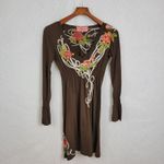 Johnny Was LA Dress Womens XS Brown Floral Embroidered Applique Babydoll V-Neck Photo 5