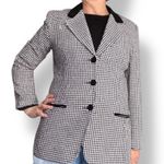 Vintage 90s Black White Houndstooth Blazer Jacket Velvet Collar Wool Blend 12 Photo 4