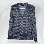 Something Navy Blue Silky Geometric Print Casual Button Up Shirt Top Photo 1