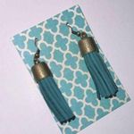 Handmade Tassel earrings teal blue dangle faux suede vintage brass patina hardware‎ NEW Photo 0