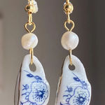 Handmade porcelain tea cup & freshwater pearls unique fun fairy antique style dangle earrings🫖🍃🌀 Photo 0