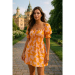 Free People  Mila Floral Mini Dress S Boho Puff Sleeve Smocked Pink Orange Beach Photo 1