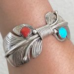 Vintage Navajo Signed Sterling Silver Turquoise Coral Feather Cuff Bracelet 34g. Photo 1