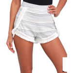 Lulus  Savvy Blue and White Striped White Fringe Along Sides Hem Shorts Medium Photo 0