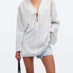 Madewell Tie Neck White Black Pin Stripe Tunic Top Oversized Size M Photo 0