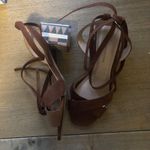 Anthropologie Tabitha Open Toe Heels Aztec Print Suede Brown Ankle Wrap Size 38 Photo 2