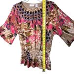 Chico's  Shirt Womens Small Beige Pink Floral Embellished Beaded Smocked Boho Photo 7