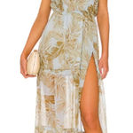 Amuse Society ‎ Robe Midsummer Palm Blue Green Midi Sheer Lined Ruffle Tank Dress Photo 0