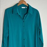 Susan Graver Sussan Graver Teal Blue Green Blouse Large Button Up Shirt Tunic Office Photo 1