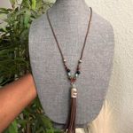Y2K Boho Hippie Indie Fairy Brown Faux leather fringe tassel necklace silver owl pendant charm beaded #western #whimsygoth #cottagecore Measurement pictured Multiple Photo 0