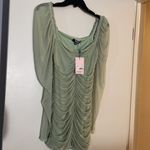 Missguided  Petite ruched mesh mini dress with long sleeve in sage Photo 2