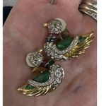 Vtg Earrings Mallard Duck Bird Jadeite Rhinestones Clip Back 1 3/8" Gold Photo 4