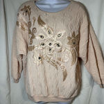 Vintage Rafael Peach Textured Sweatshirt Top L Embellished Rhinestone Floral Size L Photo 0