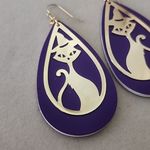 Gold Witch Cat Silhouette on Purple Teardrop Earrings Photo 1