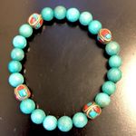 Faceted Jade Bead Bracelet w Bronze Accent Beads w Coral & Turquoise Inlay Photo 7