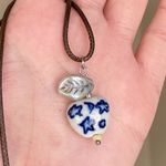 Handmade celestial porcelain heart bead & Czech leaf unique boho fairy whimsical necklace🌙🌀🌟 Photo 0