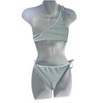 Womens One Shoulder Bikini Swimsuit Turquoise White Stripe Tie Size Large Preppy Photo 2