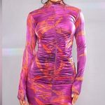 Pretty Little Thing  NWT Hot Pink Printed Slinky High Neck Ruched Long Sleeve Dress Photo 0