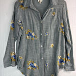 Fig and Flower S Embroidered Button Front Flax Look Blouse Top Gray Photo 0