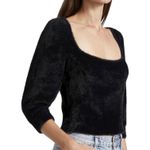 Free People Black Fuzzy Velvety Square Neck Puff Sleeve Sweater Top Size S Boho Photo 1