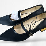 Liz Claiborne  Black Satin Pointed Toe Mary Jane Flats with Gold Heel Memory 8.5 Photo 0