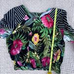 Farm Rio  WOMENS PERITE OPEN BACK Floral Black Top with Striped Sleeves Photo 3
