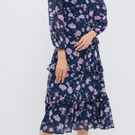 Tuckernuck Hyacinth House Navy & Blush Abstract Floral Rosalind Ruffle Midi Dress Sz L Photo 0