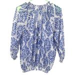 BCBG Maxazria Size Medium Blouse Blue‎ White Ruched Long Sleeve Semi Sheer Photo 1