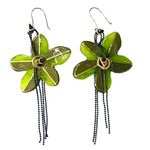 Black Bead VTG Lalo FLOWER EARRINGS 4" Dangle Drop Green Gold Resin Chains Photo 5