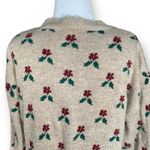 Vintage 90s Sweater Tan Burgundy Floral Bow Knit Design Scalloped Neck Coquette Photo 5