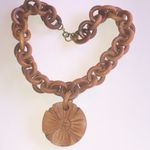 Chunky Brown Wooden Chain Boho Necklace with Carved Pendant Photo 3