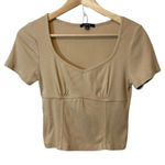 Ambiance Tan Light Brown Ribbed Lined Short Sleeve Scoop Neck Cropped Crop Top Size L Photo 0