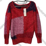 New York & Company Red and Purple Shiny Sparkly Tinsel Christmas Party Sweater. Photo 1