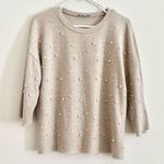 ZARA Trafaluc Pearl Beaded Knit Quarter Sleeve Oatmeal Beige Sweater Size Small Photo 1