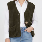 Olive Green Chunky Knit Sleeveless Vest Cardigan Pockets Buttons XL Photo 0