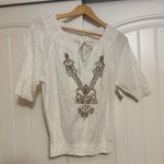 Boston Proper  Embellished Shirt Medium White Gold Keyhole Smocked Tie Cotton Photo 0