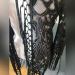 Upopby Black Boho Floral Lace Fringed Hem Sheer Short Duster Swim Cover Up Photo 4