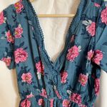 Xhilaration Dark Floral Blue Pink V Neck Lace Trim Romper Cover Up Dress Small Photo 1