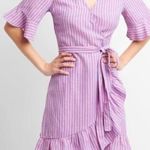 Gap Pink Blue Linen Striped Wrap Dress with bell sleeve detail Gently Used Small Photo 0