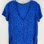 Obey Worldwide Blue Leopard V-Neck Short Sleeve Button Front Jumpsuit Medium Photo 3