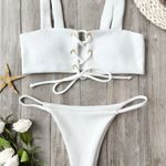 Zaful Ribbed White Lace Up Bikini Photo 0