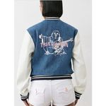 True Religion Buddha Varsity Jacket Womens Denim Faux Leather Pink Logo Snap Photo 1
