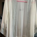 Esley Easley Kimono Fringe Trim Open Front Cover Up Bohemian Sheer Cream One Size Photo 2