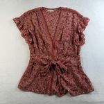 Max Studio L Large Top Blouse Scarlet Red Daisy Floral Ruffled Sleeve Tie Photo 4